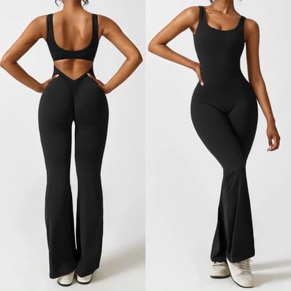 Cheekee V-Back Flared Jumpsuit-Black / Small