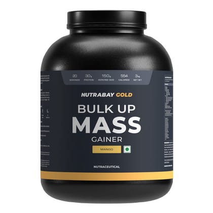 Nutrabay Gold Bulk Up Mass Gainer Powder - 3kg, Mango | 30g Protein, 104g Carbs, 554 Calories | Easy to Digest | 100% Veg Muscle Building & Weight Gainer Supplement for Men & Women