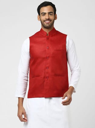 DESHBANDHU DBK Red Jute Nehru Jacket Single Pack - None