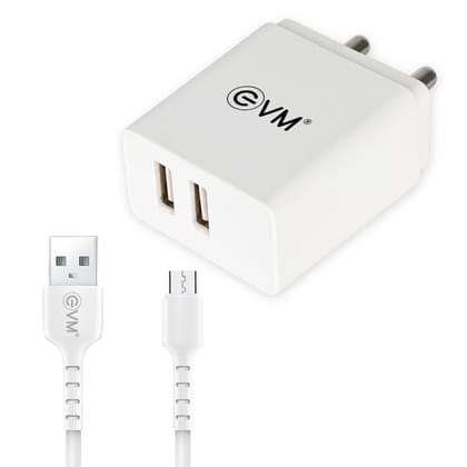 EVM CH-03 Dual USB Charger with Micro USB Cable Included, 5V 2.4A Fast Charge - White