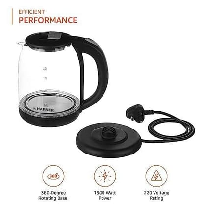 Hafner Electric Kettle with Stainless Steel BodyUsed for boiling Water Making tea and coffee Instant noodles Soup etc. 1500 Watt Glass2 litre-Glass