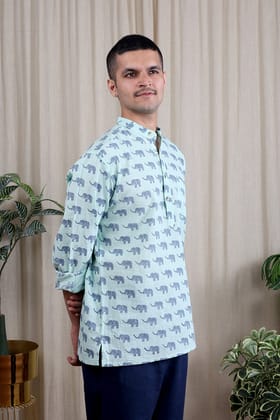 Mint Green Sanganeri Cotton Linen Men Short Kurta Full Sleeves MSKFS06247-S