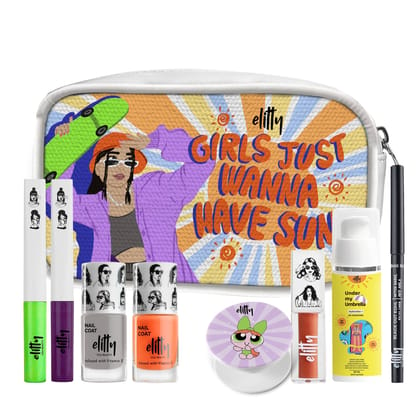 Elitty Girl Makeup Kit for Teens: 2 Nail Polishes, 2 Eyeliners, 1 Kajal, 1 Lip Gloss, 1 Sunscreen - Pack of 7.-Elitty Girl Makeup Kit for Teens: 2 Nail Polishes, 2 Eyeliners, 1 Kajal, 1 Lip Gloss