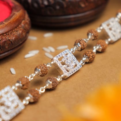 Silver Rakhi with Rudraksha and Three Om, Double Line Design