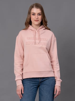 Red Tape Pale Pink Cotton Poly Fleece Embossed Women's Hoodie