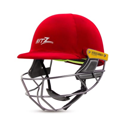 Steelbird Hitz Stainless Steel Premium Cricket Helmet for Men & Boys (Fixed Spring Steel Grill | Light Weight) (Red Fabric with Green Interior)-Small 560 MM