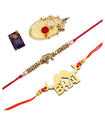 Paola  Elegant  Bhaiya Rakhi  BHAI Designe With  Designer Look Elephant Rakhi Combo  For Bhaiya With Roli Chawal And  Greeting Card 1 Kankawati Pooja Thali - None