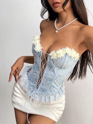 Floral Flounce Trim Lace Up Boning Corset Top-S / Blue