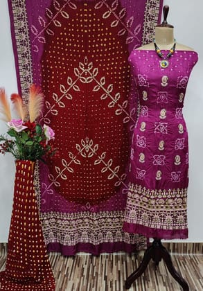 Ghazi Silk Lakhnavi Thread and Bandhani Work Bandhani Dress Material-Magenta L
