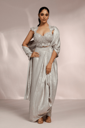 SILVER METALLIC DRAPED SAREE WITH CUTWORK BLOUSE-XS