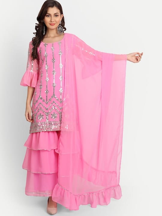 Women Pink Embroidered Pure Cotton Straight Kurta with Sharara & With Dupatta