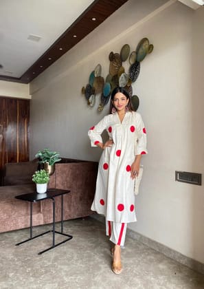 Polka Dot Khaadi Co-ord Set-L / Red