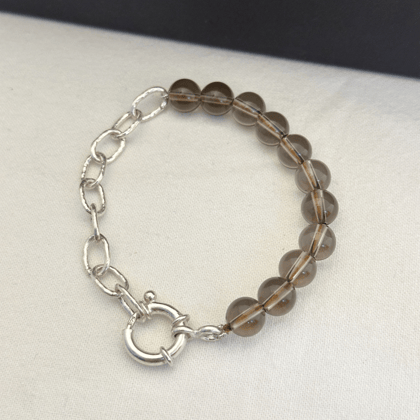 Smokey Quartz Beaded Men's Silver 925 Chain Bracelet