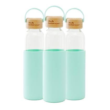 The Better Home Borosilicate Glass Water Bottle 500ml with Non-Slip Silicone Sleeve, Bamboo Lid, Green, Pack of 3.-The Better Home Borosilicate Glass Water Bottle 500ml, Non-Slip Sleeve & Bamboo 