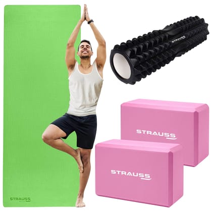 STRAUSS Yoga Combo Kit: 1 Yoga Mat (6mm), 2 Pink Yoga Blocks, 1 Black Foam Roller. Ideal for Yoga & Training.-STRAUSS Yoga Combo Kit: 1 Green Yoga Mat (6mm), 2 Pink Yoga Blocks, 1 Black Foam Roll