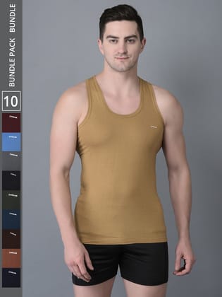 Men's Assorted Pack of 10 Solid Combed Cotton Shrinkless Vest