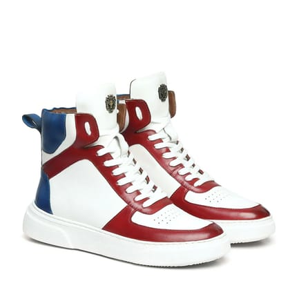 White High Ankle Sneakers with Contrasting Red & Blue Leather Detailing by Brune & Bareskin-40/6