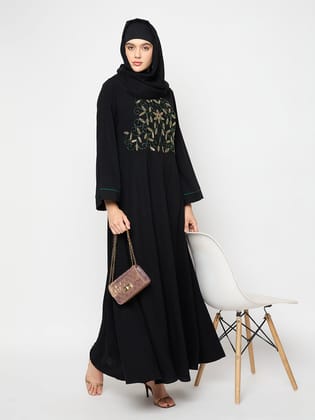 Hand Work Detailing Black Solid Luxury Abaya Burqa for Women With Black Hijab-XS / 56