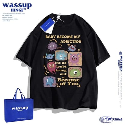 WASSUP Baby Become My Addiction pure cotton loose heavyweight  round neck T-shirt-White / S