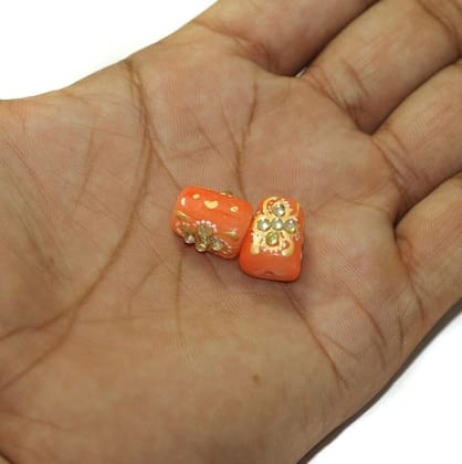 5 Pcs, 14x10mm Handpainted Kundan Work Tumble Beads Orange-Orange / Glass