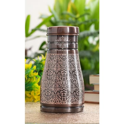 Indian Art Villa Pure Copper Embossed Bedroom Bottle With Inbuilt Copper Glass in Antique Dark Finish-DarkEmbossed