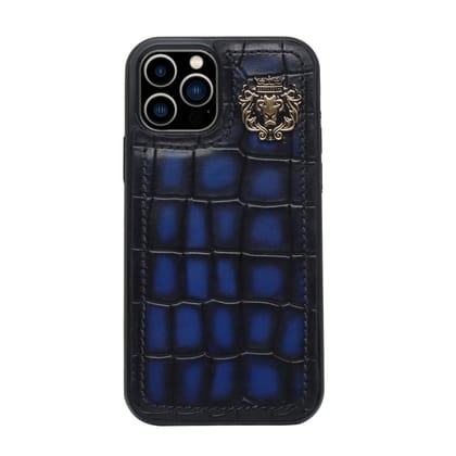 Mobile Cover In Blue Deep Cut Croco Leather by Brune & Bareskin-12PRO