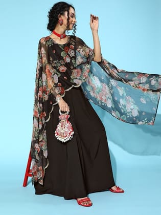 Women Stylish Black Floral Swirling Volume Dress