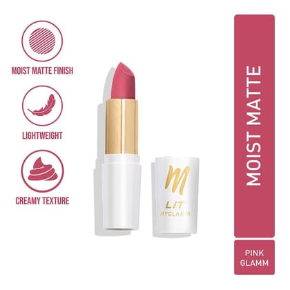 MyGlamm LIT Moist Matte Lipstick - Pink Glamm (Flamingo Pink Shade)| Long Lasting, Pigmented, Hydrating Lipstick with Moringa Oil and Vitamin E