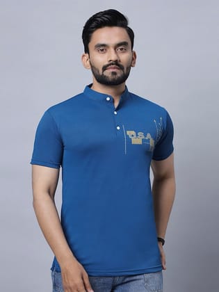 Mandarin Collar Short Sleeves Printed Cotton T-shirt