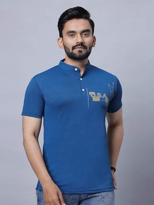 Mandarin Collar Short Sleeves Printed Cotton T-shirt