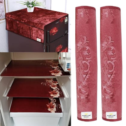 WISHLAND Double Door Fridge Cover Combo Set of 1 Fridge Cover + 2 Fridge Handle Cover + 3 Multipurpose Fridge Mats (Brown)