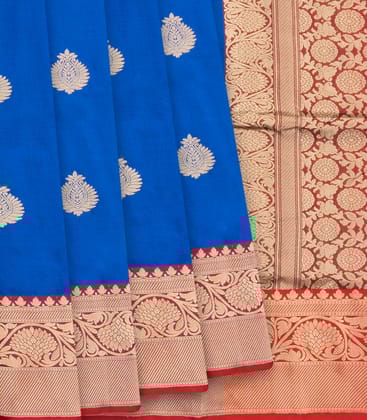 Blue Banarasi Silk Saree With Floral Motifs & Red Border-Blue-Blue