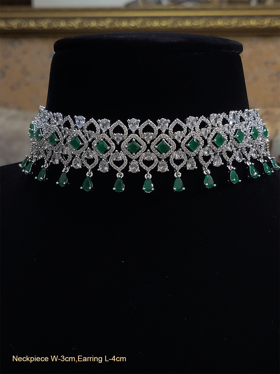 Coloured stone drops stylish AD choker set-Silver Green