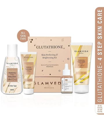 Glamveda Glutathione Skin Perfecting Brightening & Dark Spots Removal 4 Steps Skincare Routine ( Face Wash + Face Cream + Face Serum + Body Lotion )