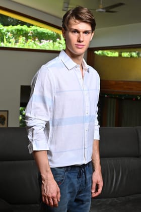 Armani - Linen Check Shirt - Sky-S-38 / SKY