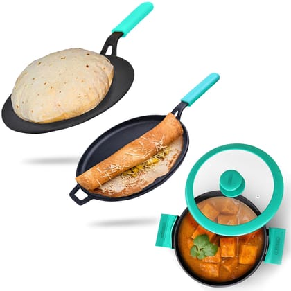 Dosa Tava | Roti Tava | with Lid Kadhai 3.5 Liter Smooth Flat Base-Green