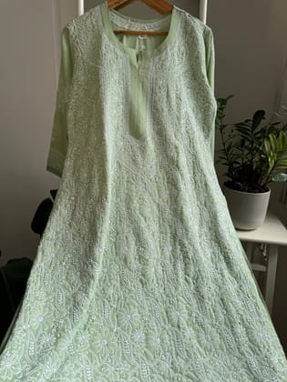 Cotton Chikankari Kurti - Green -white thread work-Green / cotton / 2XL