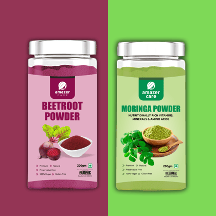 AmazerCare Beetroot & Moriga Powder Combo (2 Jars, 200/100gm) - Nutrient-Rich Superfood, Pure & Natural For Eating & Drink, For Detox & Health, Antioxidants-300gm Combo