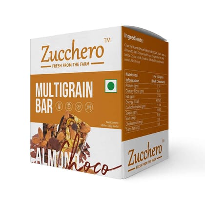 Zucchero Multigrain Choco Almond Granola Bar, Pack of 10 [Whole Oats + Hi-Fiber + Flat Tummies]