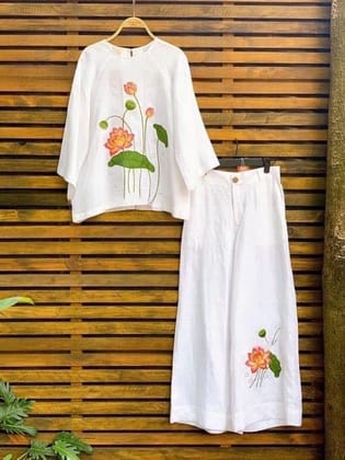 White Co-Ord set with Artistic Lotus Patterns-S - 36