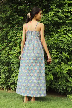 Very Peri Hand block Print Gathered Dress
