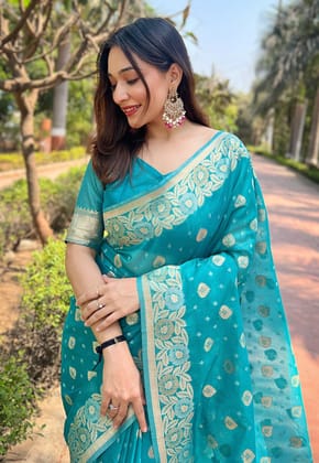 PACIFIC BLUE ORGANZA FLORAL DUAL ZARI WOVEN SAREE WITH UNSTITCHED BLOUSE