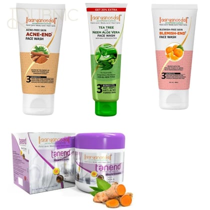 AARYANVEDA Tanend De-Tan Bleach Cream & Acne-End Face Wash & Blemish-End Face Wash & Tea Tree With Neem Aloevera Facewash