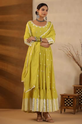 Masakali Anarkali Lemon Green Kurta Set with Dupatta-L / Mustard / Mustard