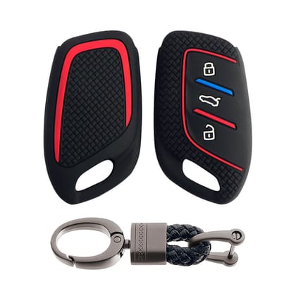 Keycare Silicone Key Cover and keychain Fit for MG : MG ZS EV, Astor 3 Button Smart Key (KC65, Alloy Keychain)-Black