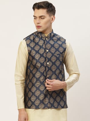 Jompers Men's Navy Printed Nehru Jacket-S / Navy-Blue