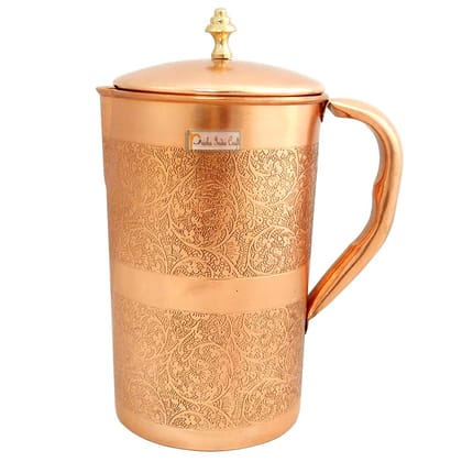 Prisha India Craft Embossed Design Pure Copper Water Jug Pitcher 1200 ML