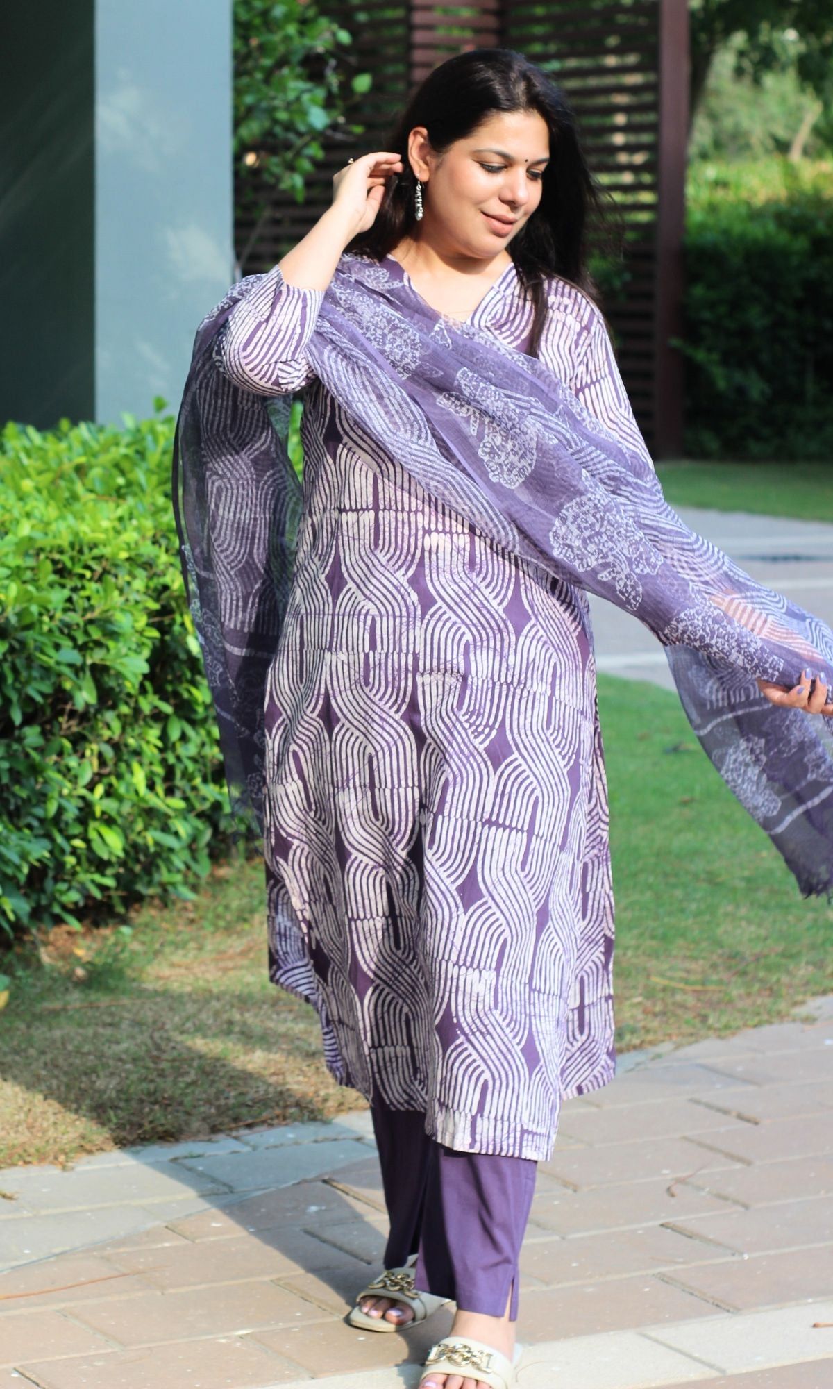 Cotton Purple Print Suit Set with Kota Doria Dupatta-XXS