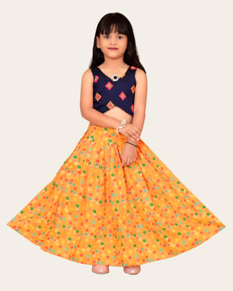 Girls & Kids Rayon Printed With Embroidered Blouse Lehenga Choli Set-Yellow / 2 Years-3 Years