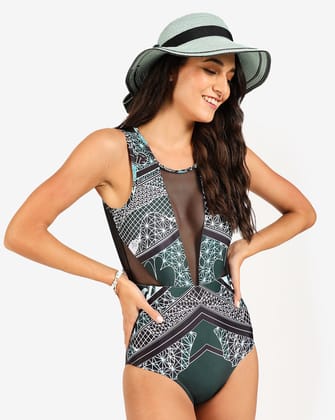 Printed Plunge Body Swimsuit-S